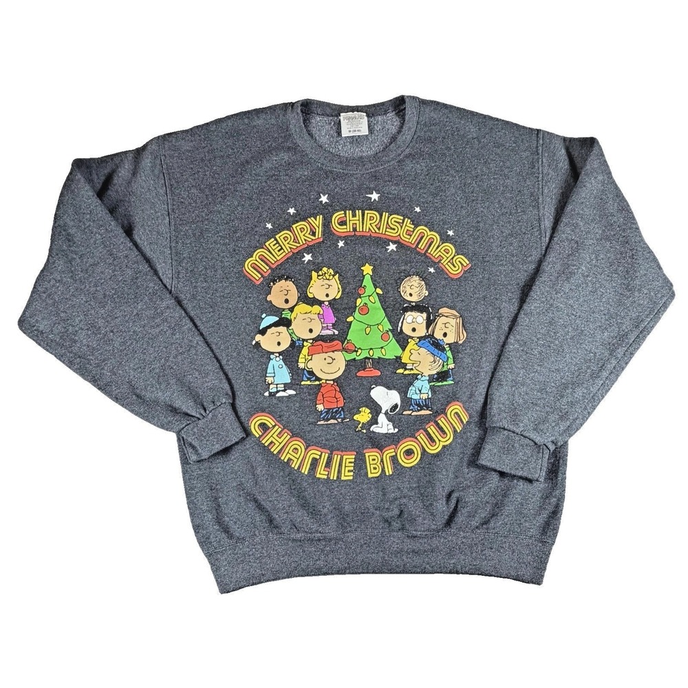 Peanuts Sweatshirt Mens Medium Gray Fleece Merry Christmas Charlie Brown Snoopy